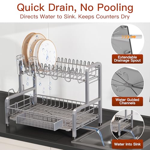 2 Tier Large Stainless Steel Dish Drying Rack for Kitchen Counter | Large Stainless Steel Dish Drain, Space Saving, Big Modern Silver Countertop Metal Plates Dryer Strainer and Extra Tray