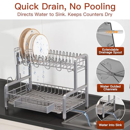 2 Tier Large Stainless Steel Dish Drying Rack for Kitchen Counter | Large Stainless Steel Dish Drain, Space Saving, Big Modern Silver Countertop Metal Plates Dryer Strainer and Extra Tray