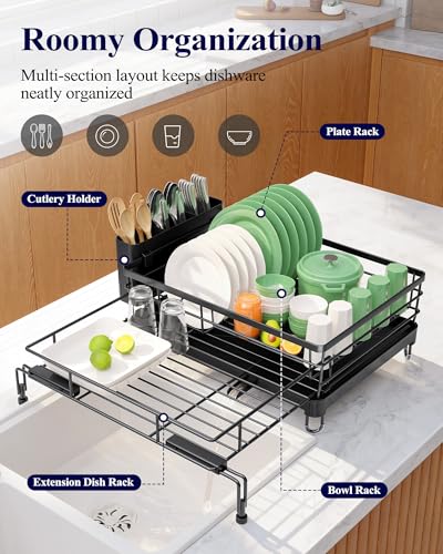 Kitsure Adjustable Dish Drying Rack, 15.6''-25.2''L × 16.9''W, Black | Large Dish Drying Rack, Rust-Resistant Dish Racks for Kitchen Counter, With Adjustable Support Legs, Cutlery Holder