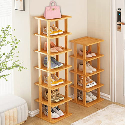SAN HE Bamboo Shoe Rack 5Tier- Vertical Shoe Rack for Small Spaces, Tall Narrow Shoe Rack Organizer for Closet Entryway Corner Garage and Bedroom,Skinny Shoe Shelf with Free Stackable DIY