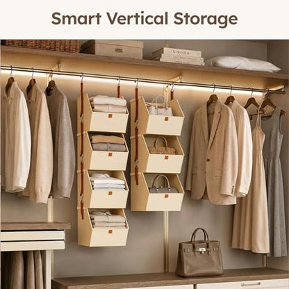 Hanging Closet Organizer 4 Tier - Clothes Hanging Shelves, Space-Saving Closet System, Fabric Storage Bins Bedroom Organization, Collapsible Baskets for Home, Dorm, Rv, Beige