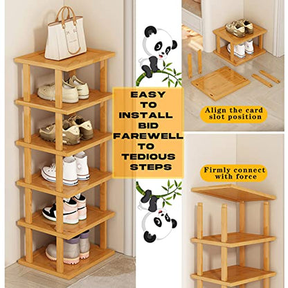 SAN HE Bamboo Shoe Rack 5Tier- Vertical Shoe Rack for Small Spaces, Tall Narrow Shoe Rack Organizer for Closet Entryway Corner Garage and Bedroom,Skinny Shoe Shelf with Free Stackable DIY