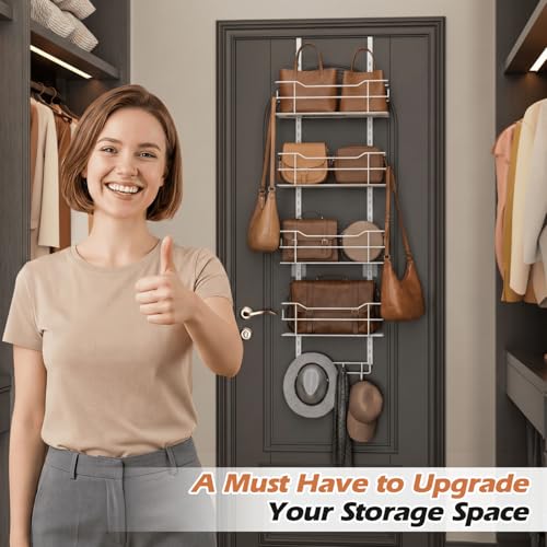 zacurter Over the Door Purse Organizer for Closet, Adjustable Metal Purse Bag Hanger Storage Rack for Door or Wall, Purses Bag Holder with Hook For Handbag,Tote