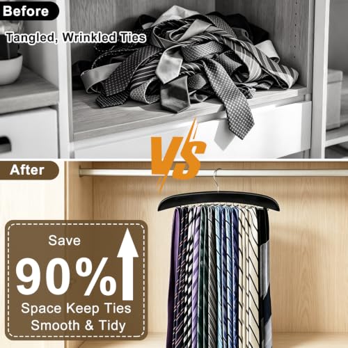 2 Pack Tie Rack Hanger, 24 Hooks Each, Space Saving Wooden Tie Organizer for Men, Holds Up to 24 Ties Belts Scarves, 360° Rotating Anti-Slip Rustproof Foldable Steel Hooks, No Wrinkles