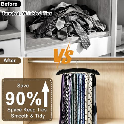 2 Pack Tie Rack Hanger, 24 Hooks Each, Space Saving Wooden Tie Organizer for Men, Holds Up to 24 Ties Belts Scarves, 360° Rotating Anti-Slip Rustproof Foldable Steel Hooks, No Wrinkles