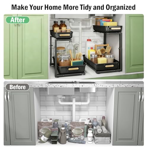 Under Sink Organizer - 2 Pack Multi-Purpose Pull-Out Storage Shelf | Slide out Pull out Cabinet Organizer Shelf, Storage for Kitchen Bathroom