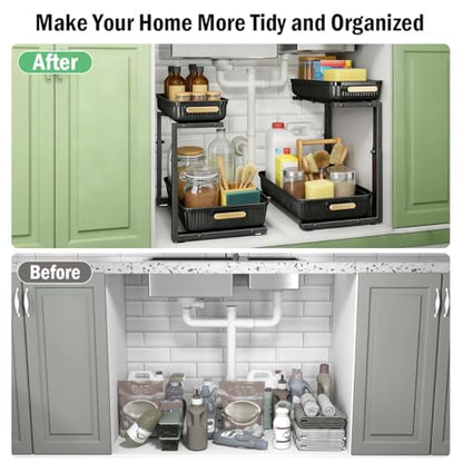 Under Sink Organizer - 2 Pack Multi-Purpose Pull-Out Storage Shelf | Slide out Pull out Cabinet Organizer Shelf, Storage for Kitchen Bathroom