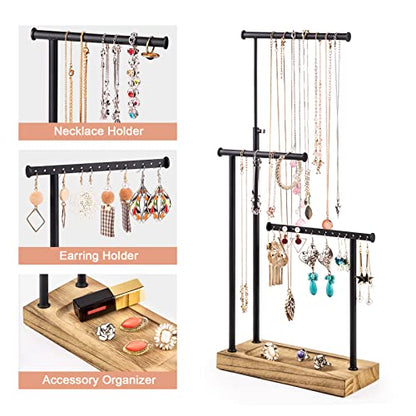 SRIWATANA Carbonized Black Jewelry Organizer Stand, Tall Necklace Holder | 3-Tier 360° Rotating Tall Jewelry Tree with Adjustable Height for Necklaces, Earrings, Bracelets, and Ring Tray