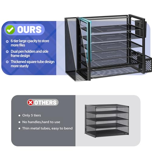 Simple Trending 6 Tier Metal Desk File Organizer with 2 Pen Holders, Black | 18"L x 9"W x 13"H, 6 Trays + Side file holder + 2 pen holders, sturdy metal frame, non-slip base, easy assembly, 24h support.