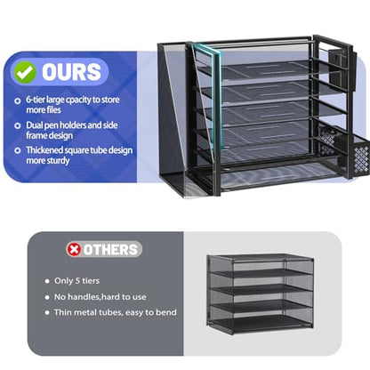 Simple Trending 6 Tier Metal Desk File Organizer with 2 Pen Holders, Black | 18"L x 9"W x 13"H, 6 Trays + Side file holder + 2 pen holders, sturdy metal frame, non-slip base, easy assembly, 24h support.