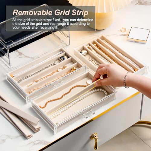 YUFONG Necklace Holder Organizer, Dustproof Necklace Box Velvet Necklace Organizer Box with Lid Clear Acrylic Dustproof Stackable Jewelry Displays for Necklaces Chain Display (Beige, 5 Drawer)