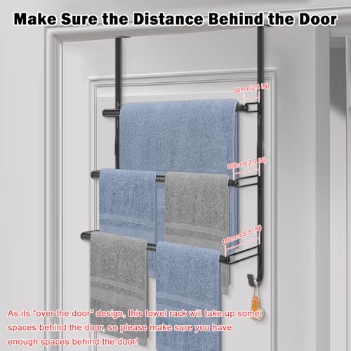 3-Tier Over The Door Towel Rack, All Metal Towel Rack with Hooks for Door Hanging, Behind Door Towel Bar Towel Storage Holder for Bathroom Accessories, Black (19.37" L x 5.9" W x 24.4" H)