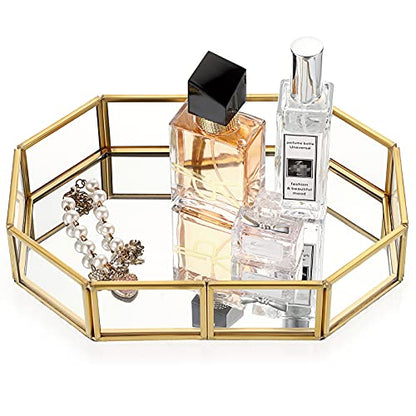 Hipiwe Mirror Glass Vanity Tray - Gold Ornate Makeup Organizer Perfume Tray | Vintage Octagonal Dresser Trays for Jewelry Trinket Organizer, Bathroom Storage Trays for Home Decor