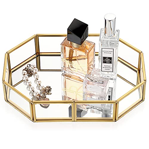 Hipiwe Mirror Glass Vanity Tray - Gold Ornate Makeup Organizer Perfume Tray | Vintage Octagonal Dresser Trays for Jewelry Trinket Organizer, Bathroom Storage Trays for Home Decor