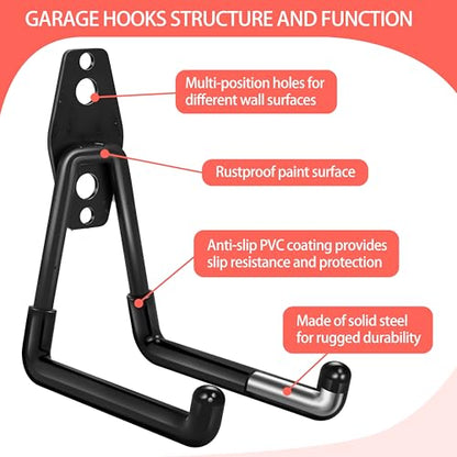 18 Pack Garage Hooks Heavy Duty - Anti-Slip Coating | Garage Storage Hooks for Hanging Bike，Ladder，Garden Tools，Hose