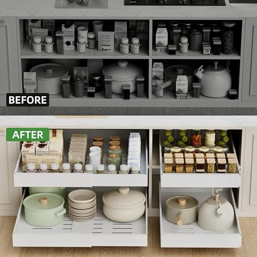 PAKETA 4 Pack Expandable Pull Out Cabinet Organizer,21" Deep | Pull Out Drawers for Cabinets with width from 12" to 20",Sliding Drawers for Cabinets with Upgrade 3 Slide Rails,hold 65 lbs