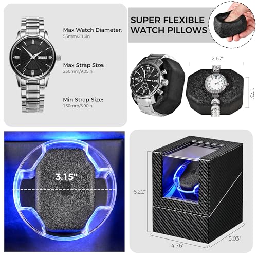ANWBROAD Watch Winder for Automatic Watches, Single Watch Winder with LED | 4 Modes Automatic Watch Winder box for Men and Women, Winding Watch Rotator with Super Quiet Motor, Type-C Adapter UJWW006C