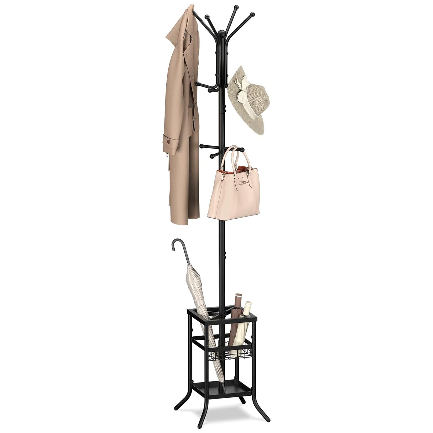 Yoobure Coat Rack Freestanding - Coat Tree with Umbrella Holder, Metal Coat Rack Stand with 12 Hooks, Modern Coat Hanger Stand for Entryway, Purse Rack Hat Rack Stand for Living Room Bedroom Office