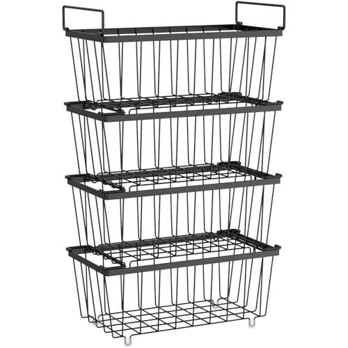 Freezer Organizer Bins - Small Storage Baskets for 7 Cu.Ft, 4 Pack | Easy Access Handles, Stackable Deep Freezer Wire Baskets, Vertical Space Sorts for Frozen Meat, Vegetable and Bagged Items