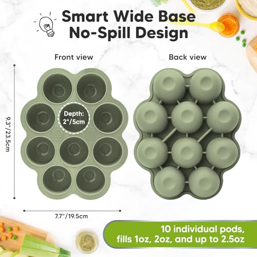 KeaBabies Silicone Food Freezer Trays with Lid, 2oz x 10 Pods (Sage)