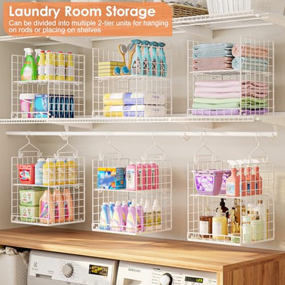 Yuyetuyo 6 Tier Raised-Height Hanging Closet Organizer, Stackable Sweater Organizer for Closet, Wire Storage Basket Bins for Clothes Purse Shoes, Hanging Shelves with 4 Hooks & 3 Dividers Adjustable