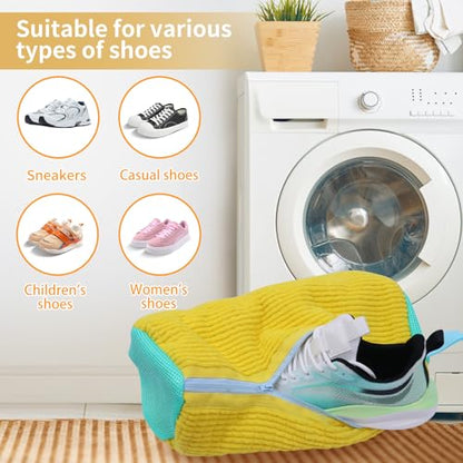2 Pack Shoe Washing Machine Bag, Laundry Shoe Bag for Washer and Dryer, Reusable Shoe Cleaning Bag for Sneakers and All Shoes Types with Self-Locking Zipper (Yellow)