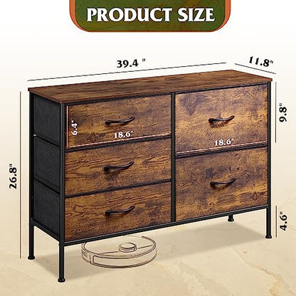 WLIVE 5 Drawer Fabric Dresser for Bedroom, Wide Storage Chest, Rustic Brown | 5-drawer wide fabric dresser with steel frame, multipurpose bedroom living room hallway dorm closet storage organizer
