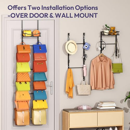 Over The Door Purse Organizer - Wall Mounted Purse Rack with 16 Hooks and Metal Basket, Handbag Hanger Organizer Holds up to 16 Bags, Bag Rack Can Use As 1/2 Part, for Door, Closet