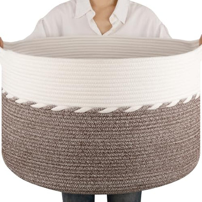 OIAHOMY 90L Extra Large Blanket Basket - Decorative Cotton Rope Storage Basket for Bedroom, Living Room & Nursery - Woven Laundry Hamper for Organizing Blankets, Clothes & Toys - Brown & White
