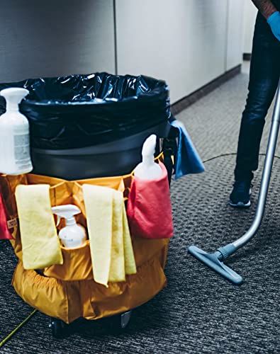 QWORK Trash Can Caddy Bag, 10 Pocket Commercial Cleaning Bag, Fit 32-50 Gallon Can, Round Trash Bag Holder, Garbage Bin Organizer, Yellow