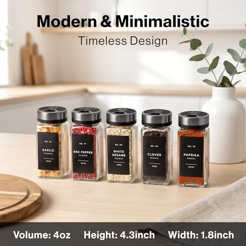 Glass Spice Jars with Label, Space Gray Sprinkle Lids (24 x 4oz)