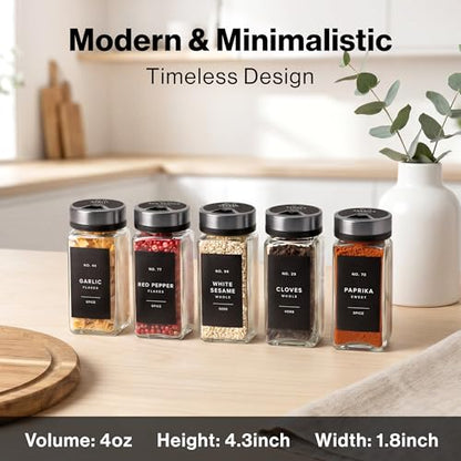 Glass Spice Jars with Label, Space Gray Sprinkle Lids (24 x 4oz)