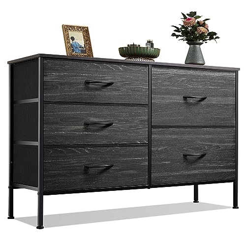 Black Dresser for Bedroom, 5 Fabric Chest of Drawe... (Charcoal Black | Engineered Wood)