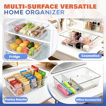 Stackable 4-Compartment Pantry Organizers and Storage, Clear Plastic Storage Bins with Removable Dividers Suitable for Pantry, Office, Kitchen, Cabinet & Fridge Organization, 2-Pack