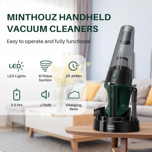 Minthouz Cordless Handheld Vacuum, 9700Pa Suction, LED Light, Charging Base | Strong Suction Car Vacuum Cleaner, Multi-Function Accessories, High-Efficiency Filter, for Home, Car, Pet, Office