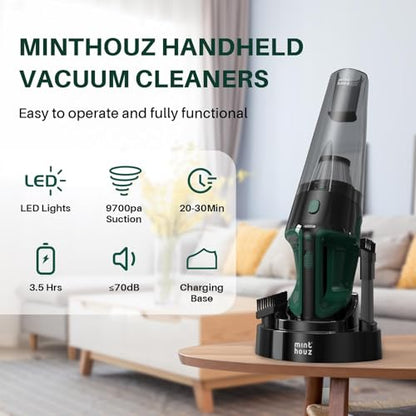 Minthouz Cordless Handheld Vacuum, 9700Pa Suction, LED Light, Charging Base | Strong Suction Car Vacuum Cleaner, Multi-Function Accessories, High-Efficiency Filter, for Home, Car, Pet, Office
