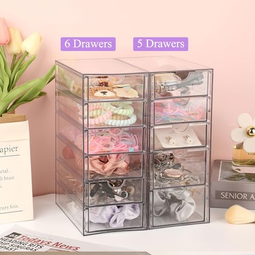 Hipiwe Plastic Drawer Organizer Desktop Storage Box with 6 Pull Out Drawers | Clear Compact Drawers Box for Cabinet Vanity Bathroom Bedroom Pantry Shelf Office Closet Organization