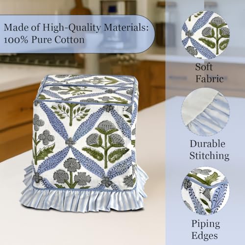 Light Steel Blue Block Print Ruffle Tissue Box Cover Handmade Cotton Decorative Square Napkin Holder for Home Bedroom Living Room Bathroom Vanity Countertop Car Office Kitchen