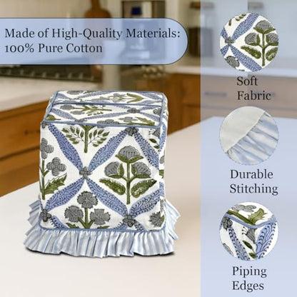 Light Steel Blue Block Print Ruffle Tissue Box Cover Handmade Cotton Decorative Square Napkin Holder for Home Bedroom Living Room Bathroom Vanity Countertop Car Office Kitchen