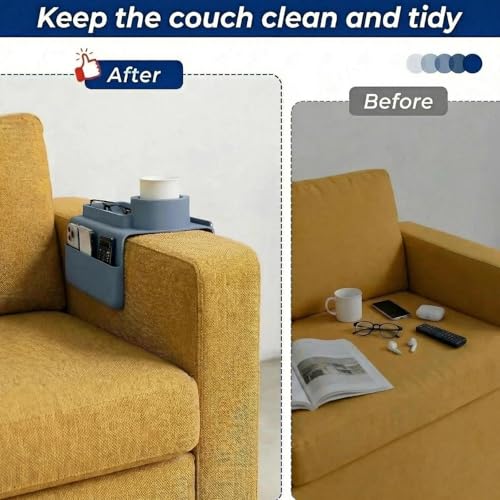 Silicone Couch Caddy Cup Holder Tray, 3-Side Sofa Armrest Organizer with Secure Gear-Shaped Locking Holder & Large Tablet Slot, Non-Slip Weighted Armchair Caddy, Couch Accessories (Grey)
