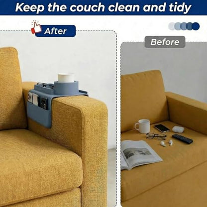 Silicone Couch Caddy Cup Holder Tray, 3-Side Sofa Armrest Organizer with Secure Gear-Shaped Locking Holder & Large Tablet Slot, Non-Slip Weighted Armchair Caddy, Couch Accessories (Grey)