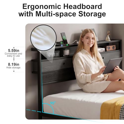 Queen Bed Frame with LED Lights and Charging Station, Platform Bed with Metal Slats, Wood Headboard with 2 Fabric Drawers and Storage Shelves, No Box Spring Needed