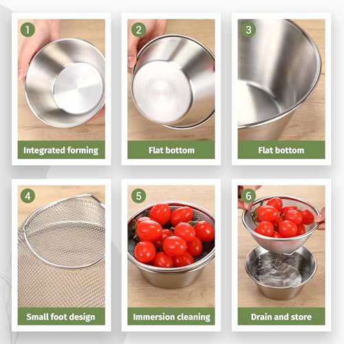 Mini Colander Food Strainer,5.51 x 2.36 Inches,Round,2 | Fine Mesh Colander with Bowl, 304 Stainless Steel, Strainer for Washing Fruits Vegetables Rice, Kitchen Cooking Prep