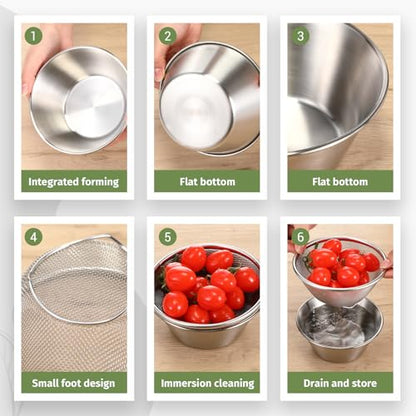 Mini Colander Food Strainer,5.51 x 2.36 Inches,Round,2 | Fine Mesh Colander with Bowl, 304 Stainless Steel, Strainer for Washing Fruits Vegetables Rice, Kitchen Cooking Prep