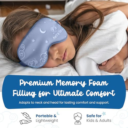 Child Travel Sleep Mask and Pillow Set - 2 in 1 Cute Character Design for Kids Rest, Naps and Relaxation. Soft Comfort with Bag Cover, Perfect for Flights, Car Trips 33cm (Blue)