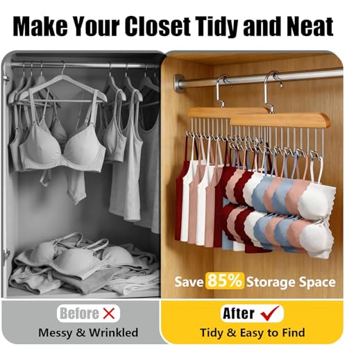 Bra Hangers for Closet Organizer with 16 Metal Hooks Belt Hanger for Closets Space Saving Multi Hook Hanger Non-Slip Tank Top Hanger 360°Rotating Display Belt Organizer for Tie, Hat, Bra Wooden 3 Pack