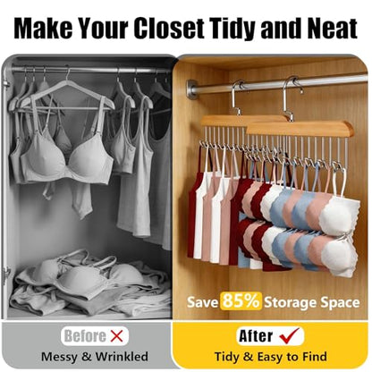 Bra Hangers for Closet Organizer with 16 Metal Hooks Belt Hanger for Closets Space Saving Multi Hook Hanger Non-Slip Tank Top Hanger 360°Rotating Display Belt Organizer for Tie, Hat, Bra Wooden 3 Pack