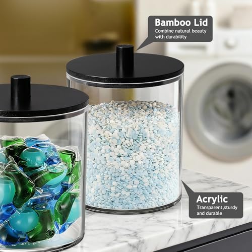 SheeChung 1 Pack 50oz Laundry Pods Container with Matte Black Bamboo Lid | Shatterproof Laundry jars- Clear Plastic Storage Canister for Scent Beads & Bath Salts with Labels & Spoon