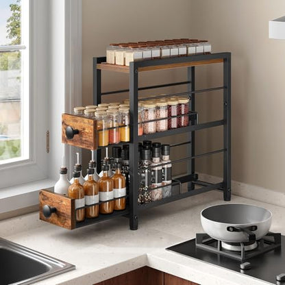 Spice Rack, 3-Tier Pull Out Spice Rack Organizer for Countertop, Narrow Kitchen Countertop Storage Shelf with 2 Drawers, for Kitchen, Cafe, Rustic Brown and Black SR02BR