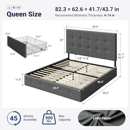Allewie Upholstered Queen Size Platform Bed Frame with 4 Storage Drawers and Headboard, Square Stitched Button Tufted, Mattress Foundation with Wooden Slats Support, No Box Spring Needed, Light Grey
